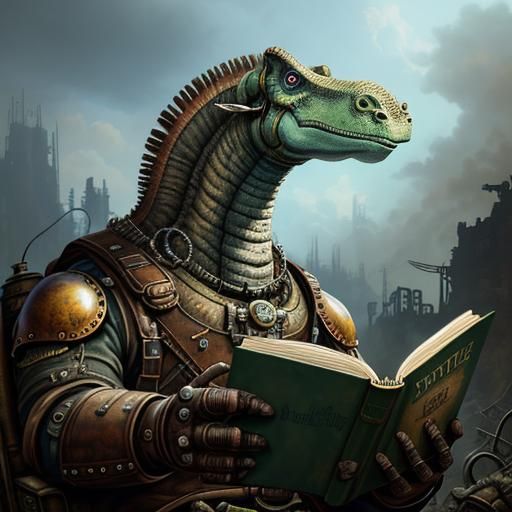 Steampunk Brontosaurus Reads in Post-Apocalyptic Wasteland