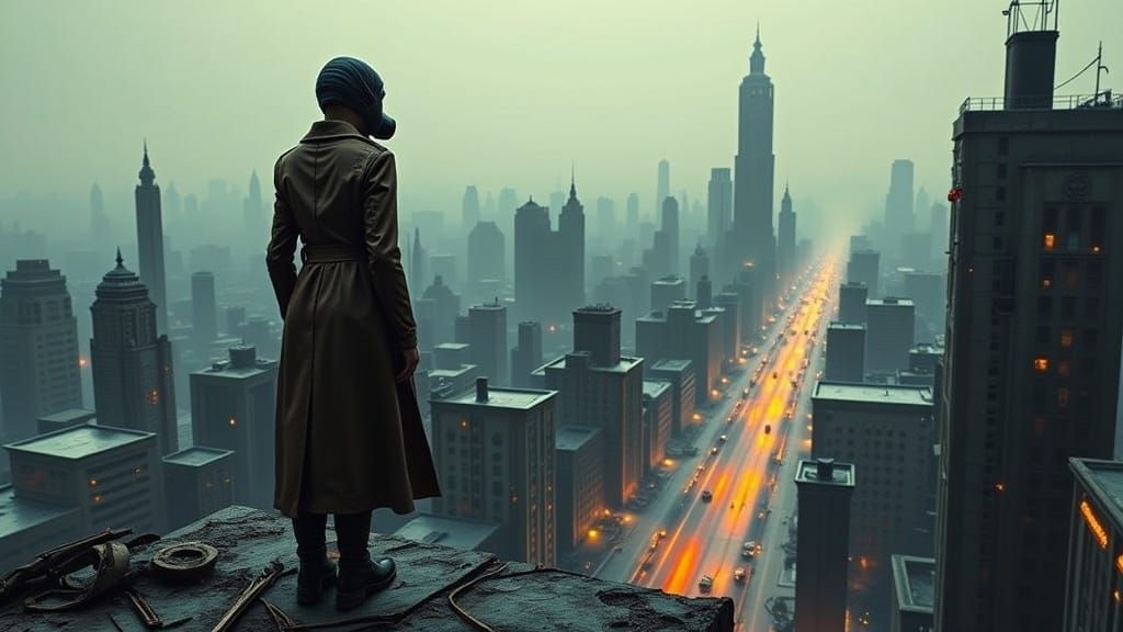 Dystopian Cityscape in Industrial Futurism Style