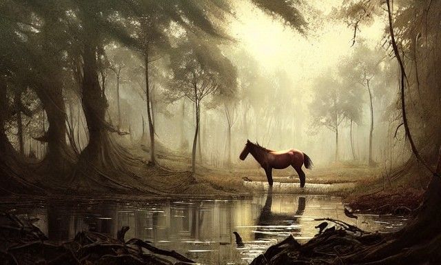 Horse in Forest River Landscape: Detailed Fantasy Art