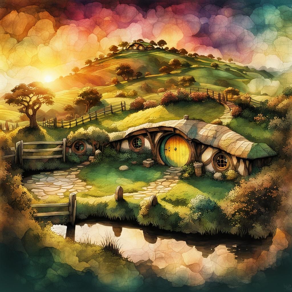 Hobbiton Sunset: Ink Painting of Middle-earth