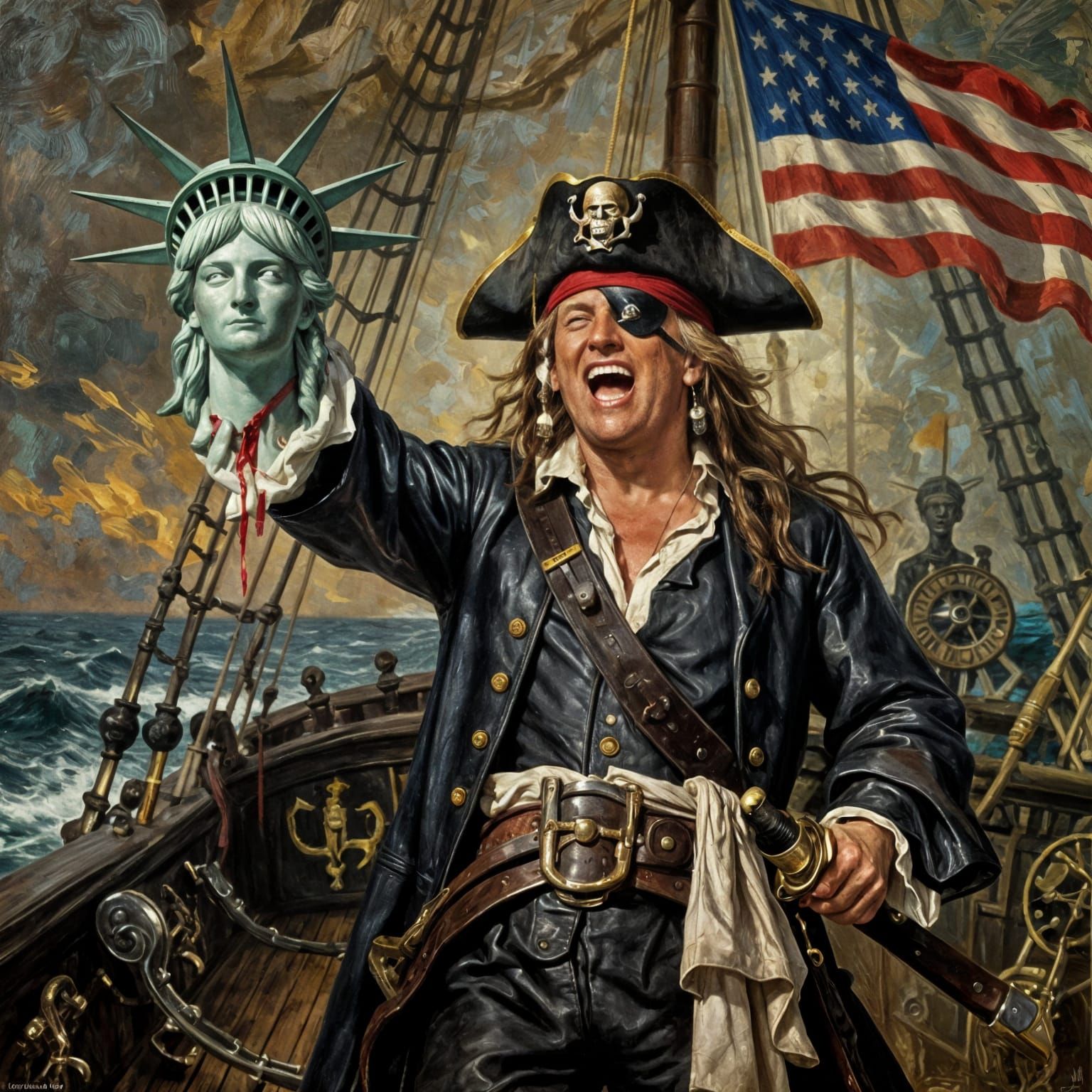 Trump as Pirate Holding Severed Statue of Liberty Head