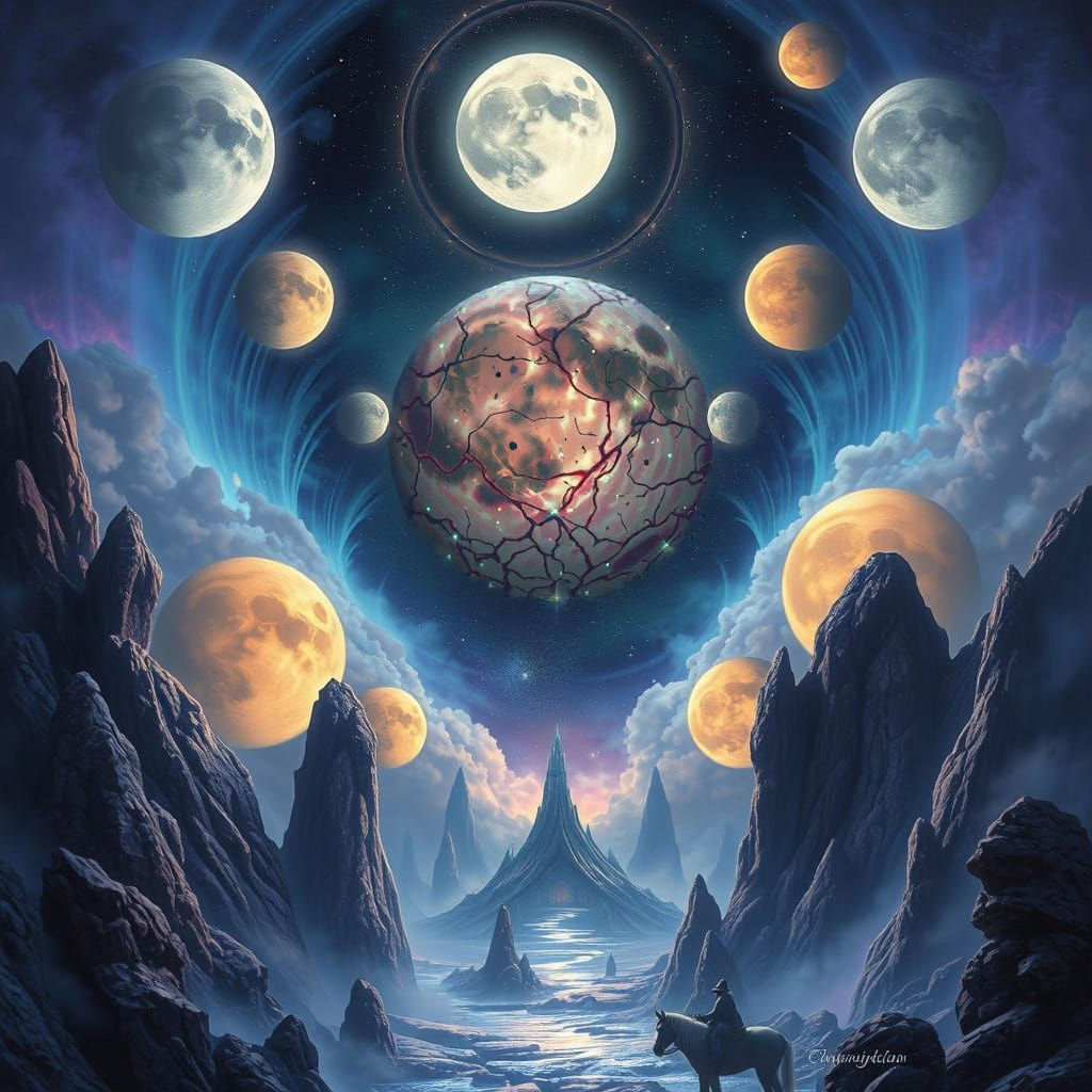 Ethereal Fantasy Moonlit Realm with Giant Alien