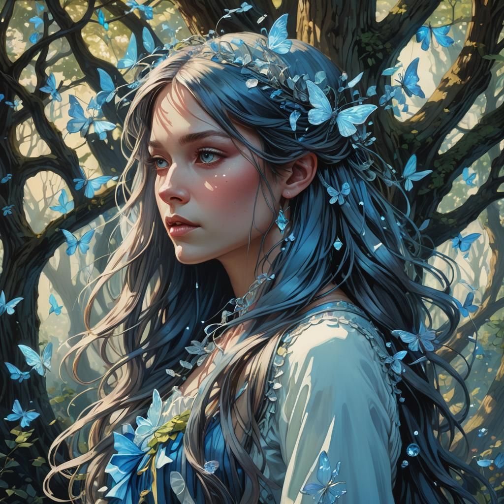 Victorian Girl with Fairies in Art Nouveau Style