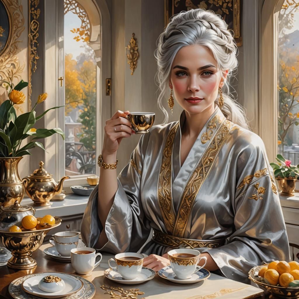 Elegant Woman Sipping Coffee: A Timeless Oil Painting