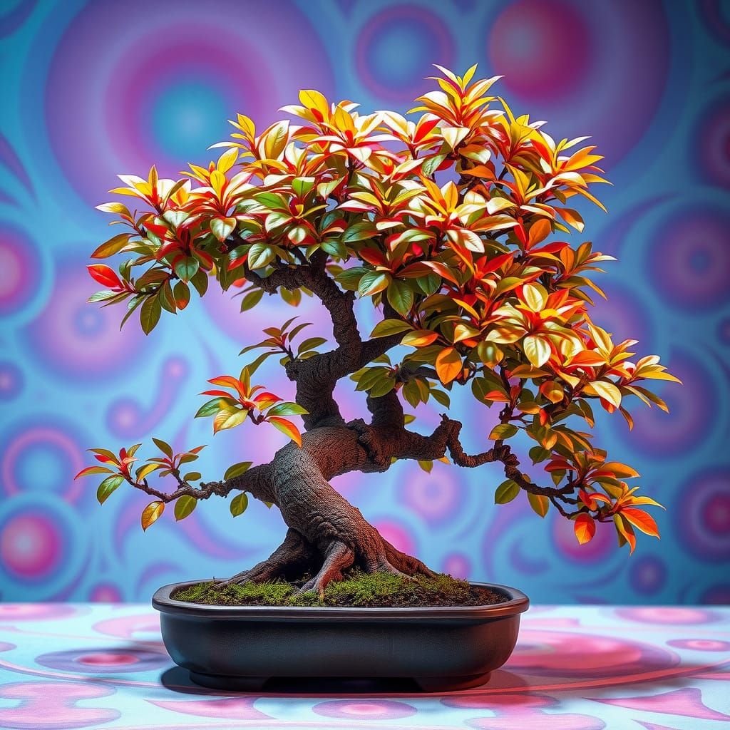 Iridescent Bonsai Tree in Surreal Avant-Garde Style
