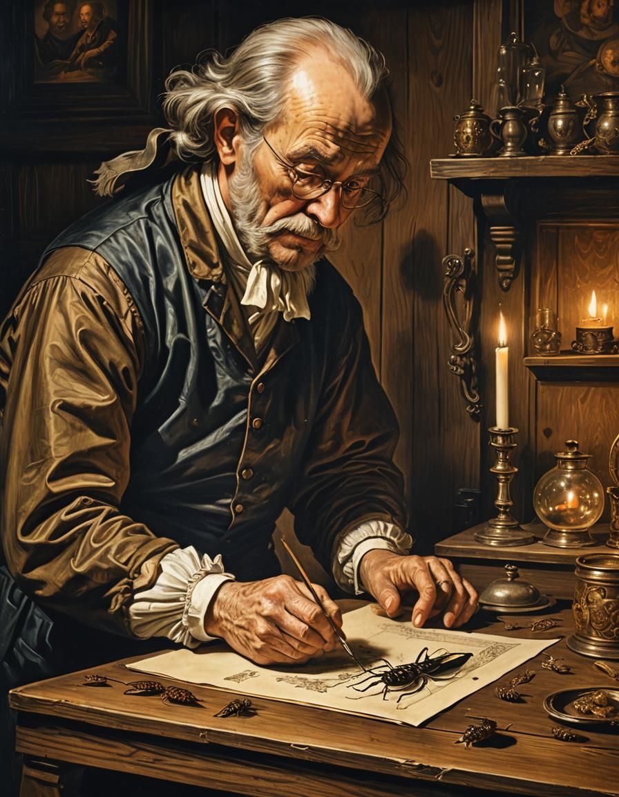 Golden Age Scientist Studies Insect, Rembrandt Lighting