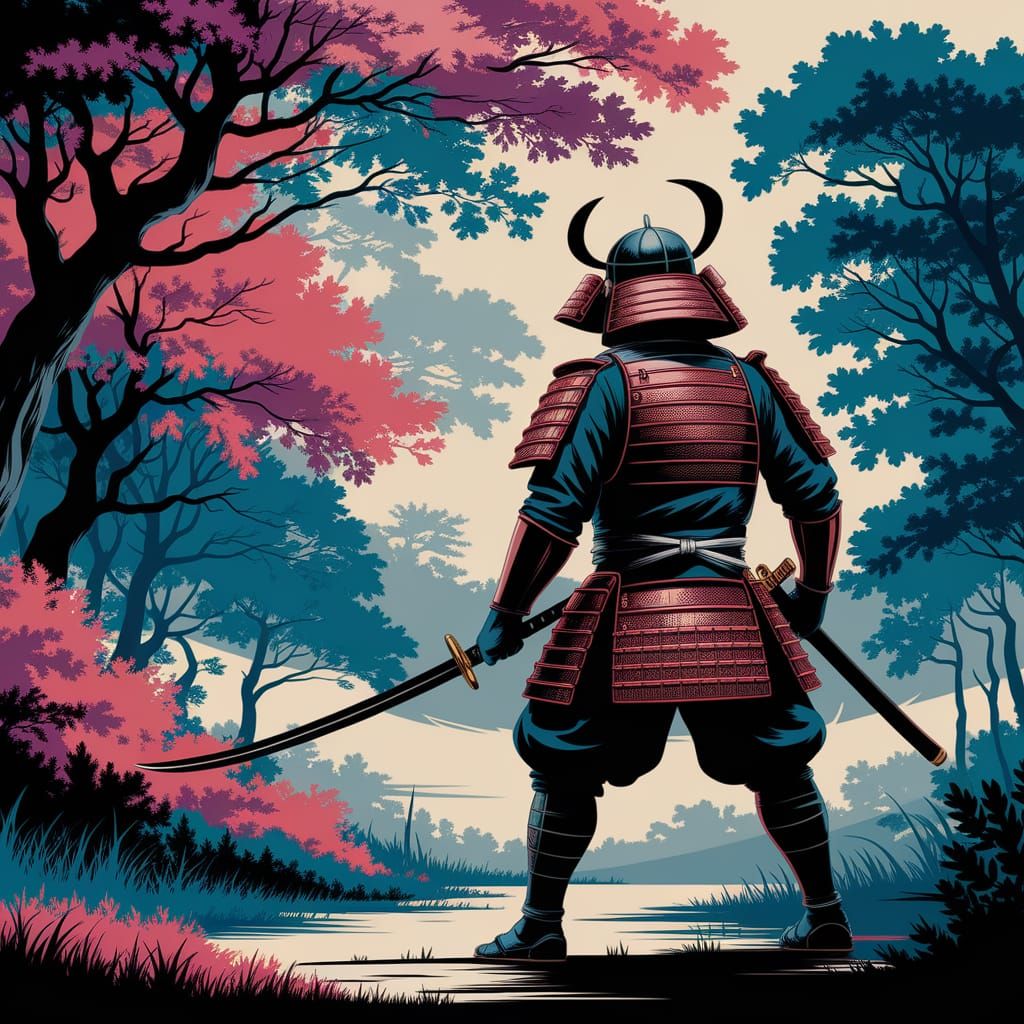 Samurai in Forest Clearing, Hokusai-Inspired Landscape