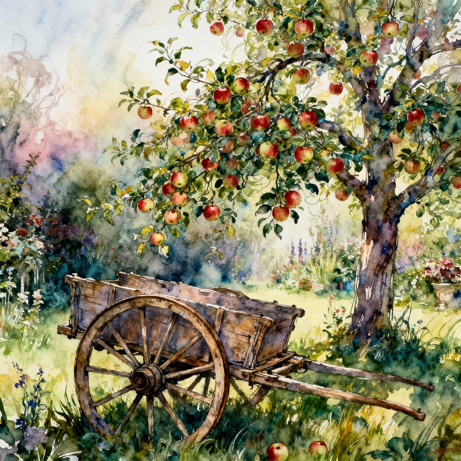Enchanting Garden Painting with Apple Tree and Cart