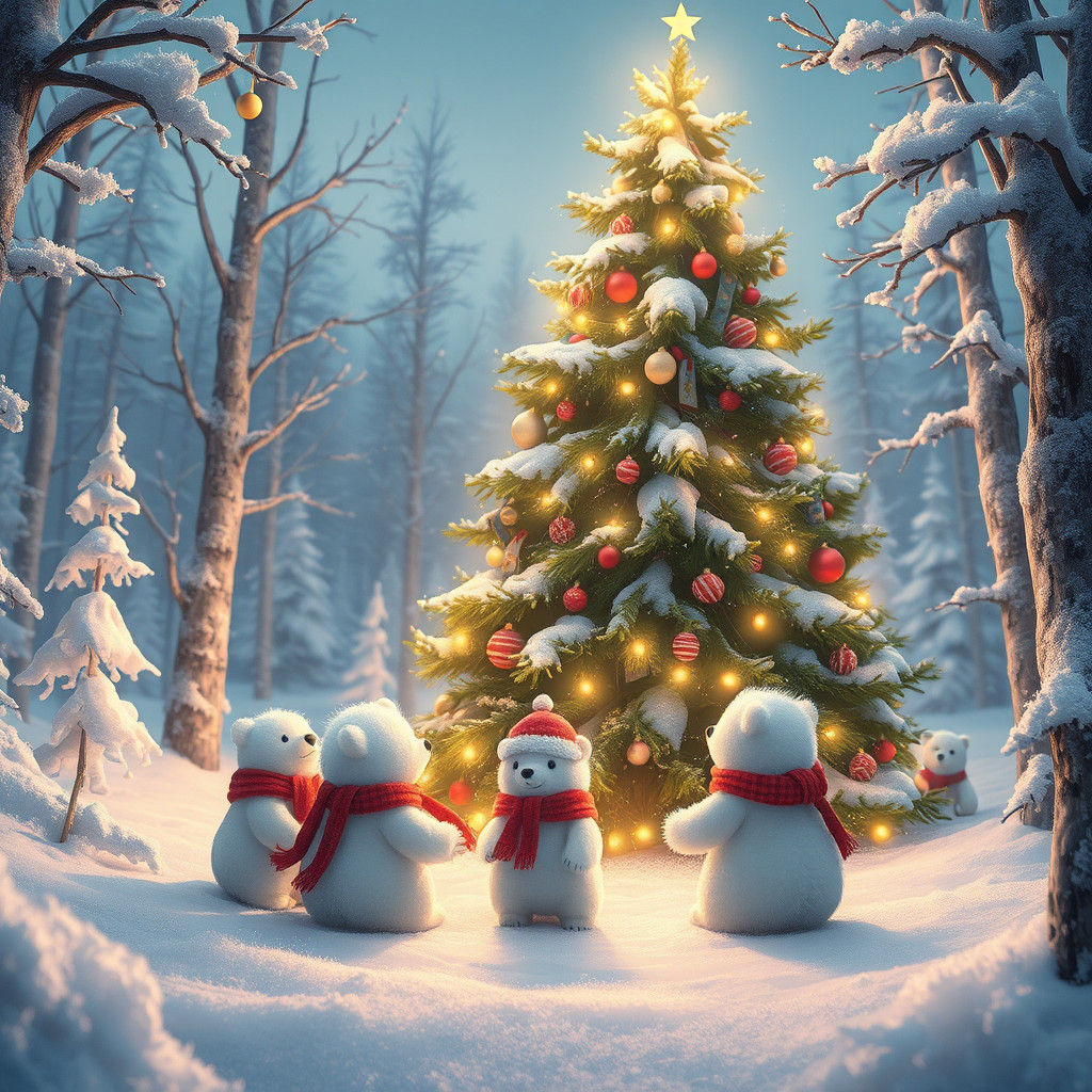 Polar Bears Celebrate Christmas in Snowy Forest