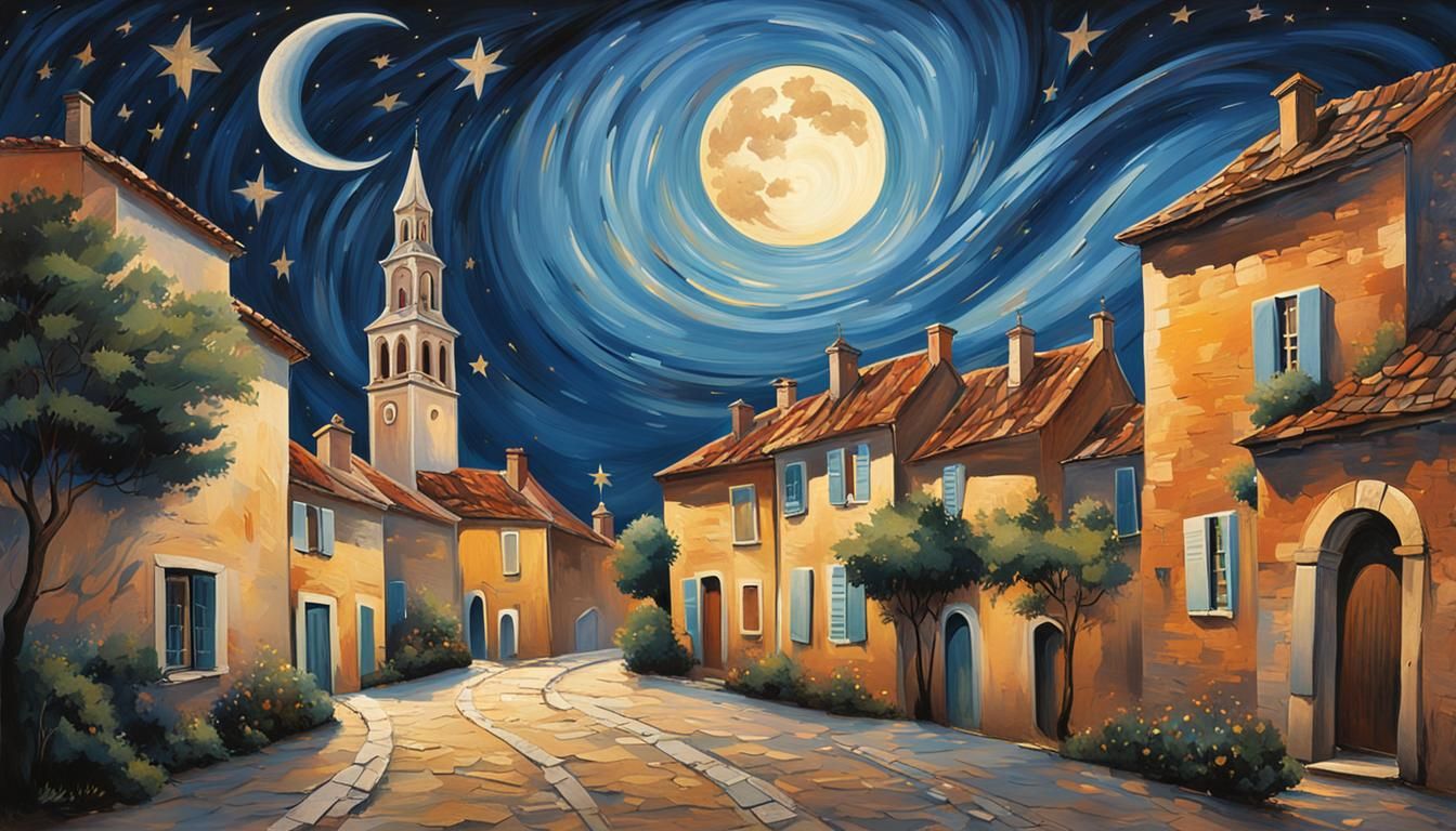 Night Sky Over Peaceful Village in Dreamlike Style