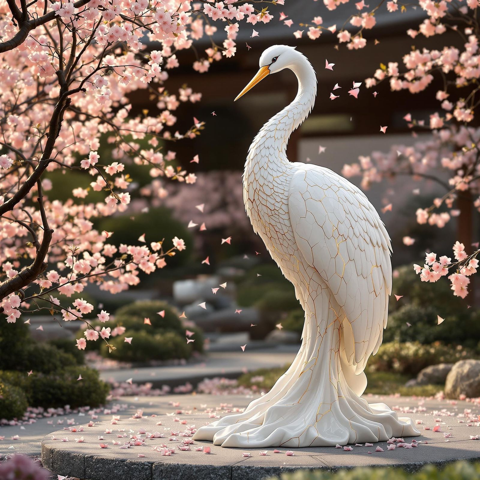 Kintsugi Crane in Zen Garden: Porcelain Sculpture