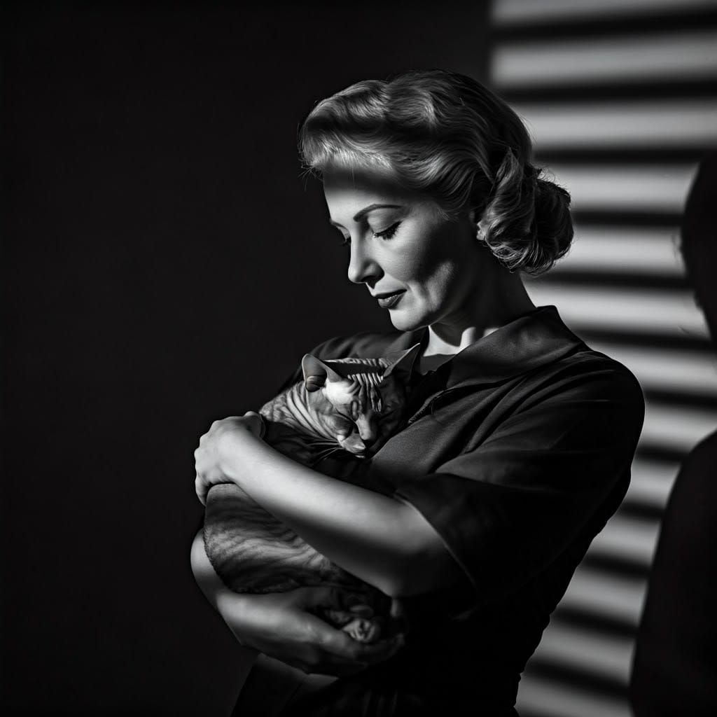 Mid-Century Woman with Feline Companion in Film Noir Style