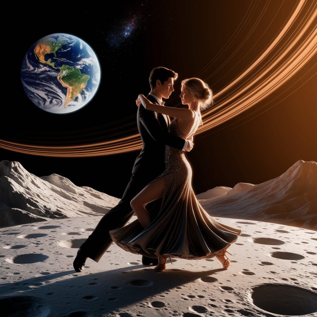 Couple Tango Dancing on the Moon in Digital Painting Style