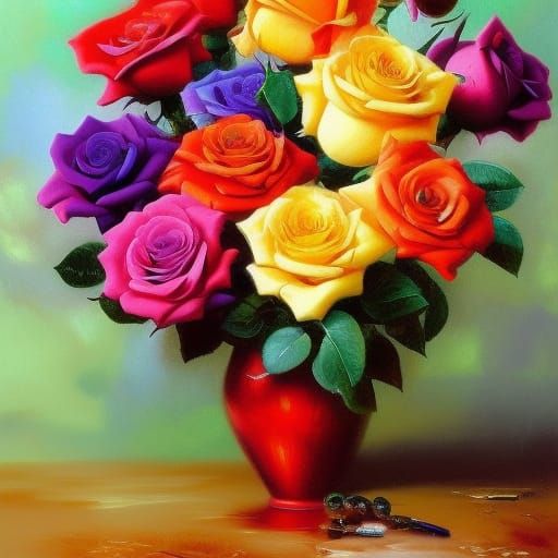 Colorful Roses Bouquet in Vase, Oil Painting