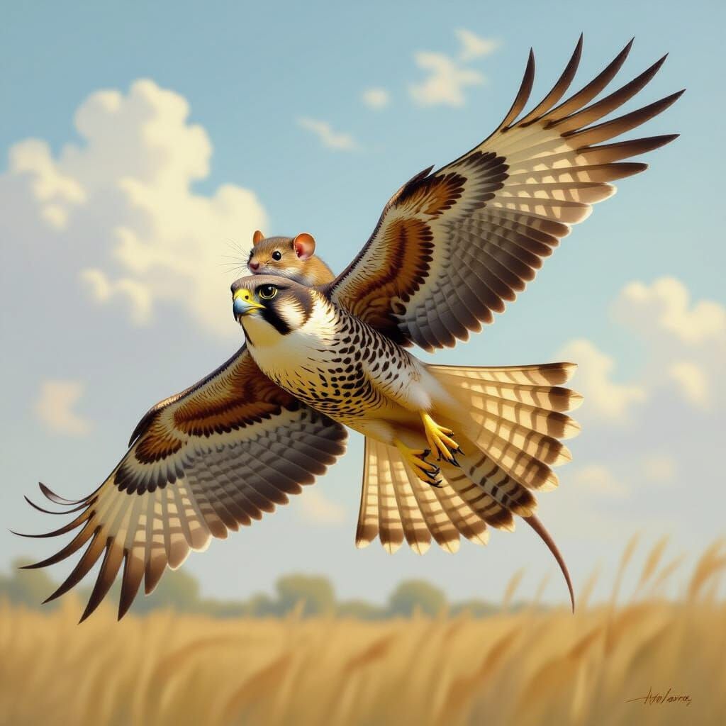 Falcon Carries Mouse Friend Through Sky in Oil Painting
