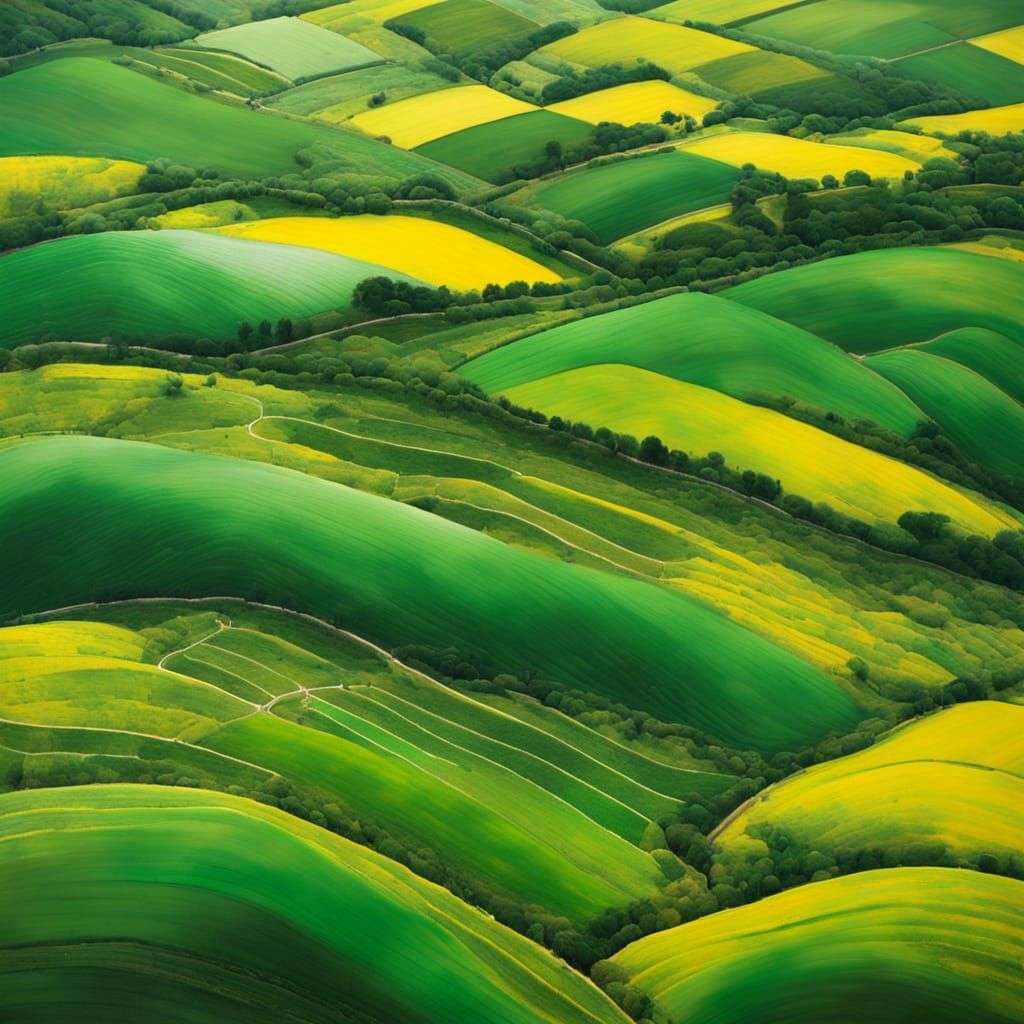 Vibrant Chinese Ink Painting of Lush Green Fields