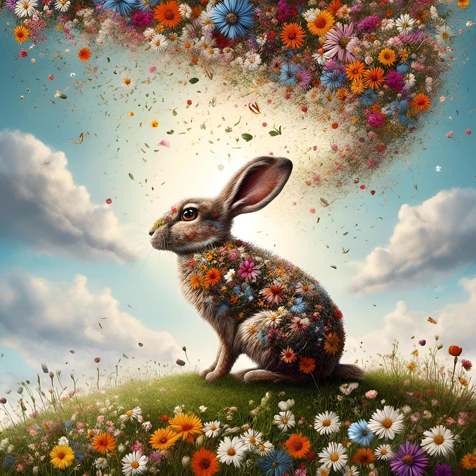 Hare Sniffs Breeze on Flower-Strewn Hill