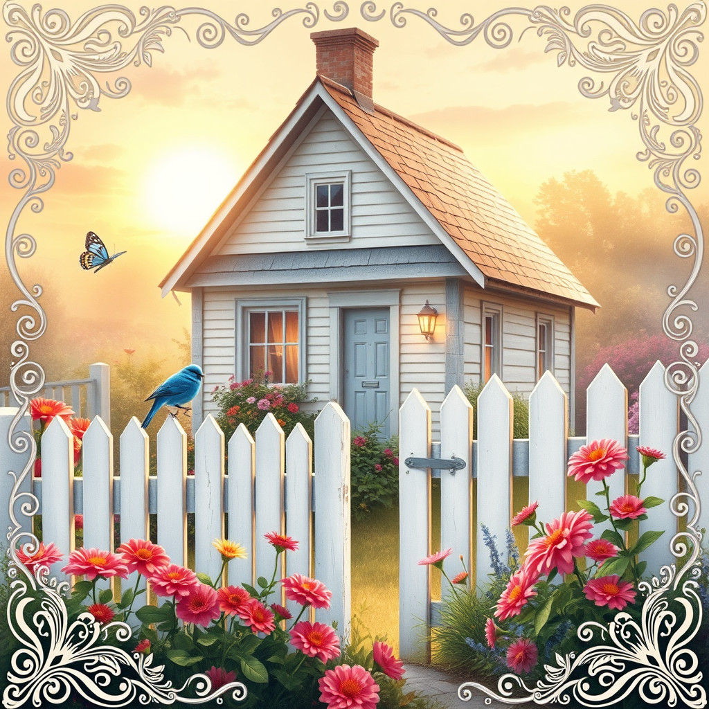 Cottage Garden with Zinnias in Watercolor Style