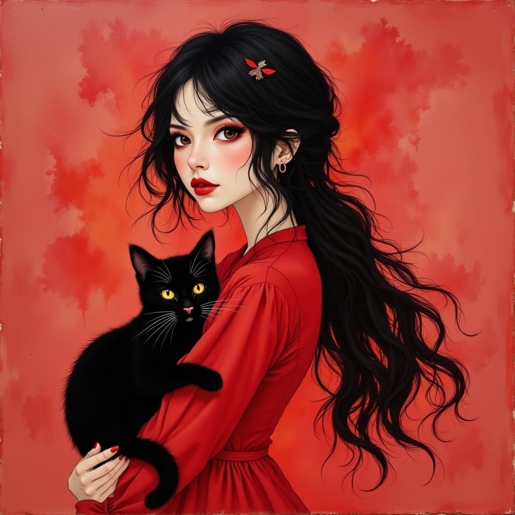 Elegant Woman with Black Cat in Red and Gold