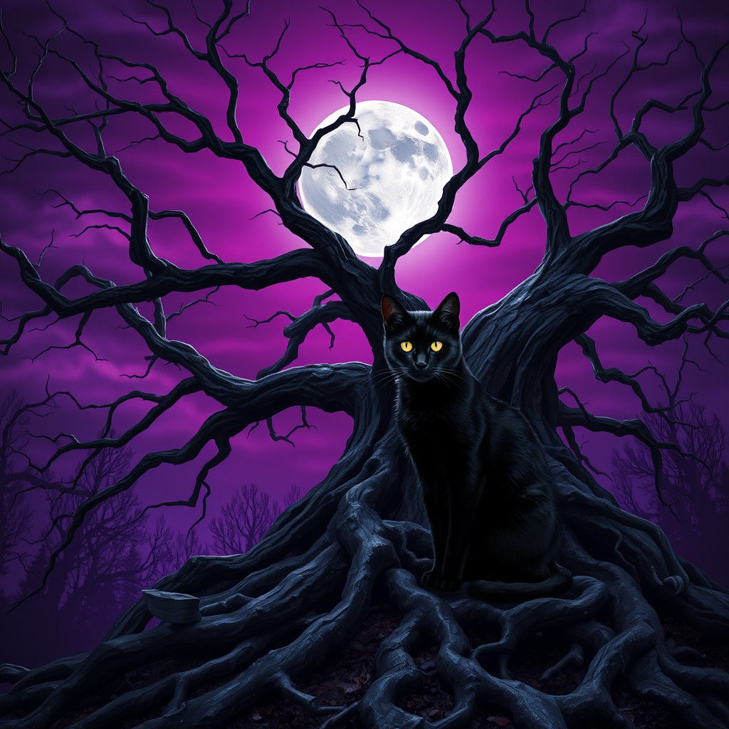 Mystical Black Cat Under Purple Moonlit Sky