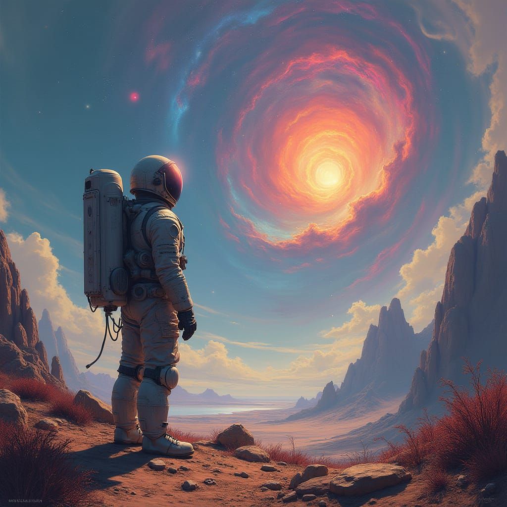 Astronaut Contemplates Nebula on Alien Planet