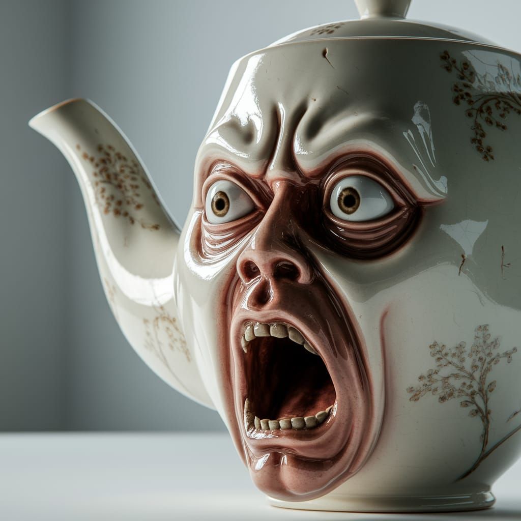 Hyperrealistic Teapot with Grotesque Face in Ceramic