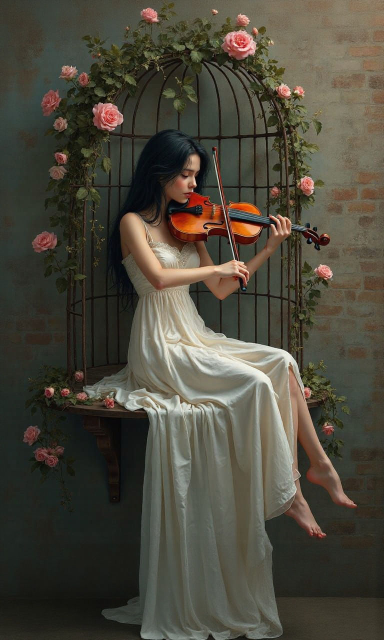 Girl in Birdcage with Violin: Digital Art