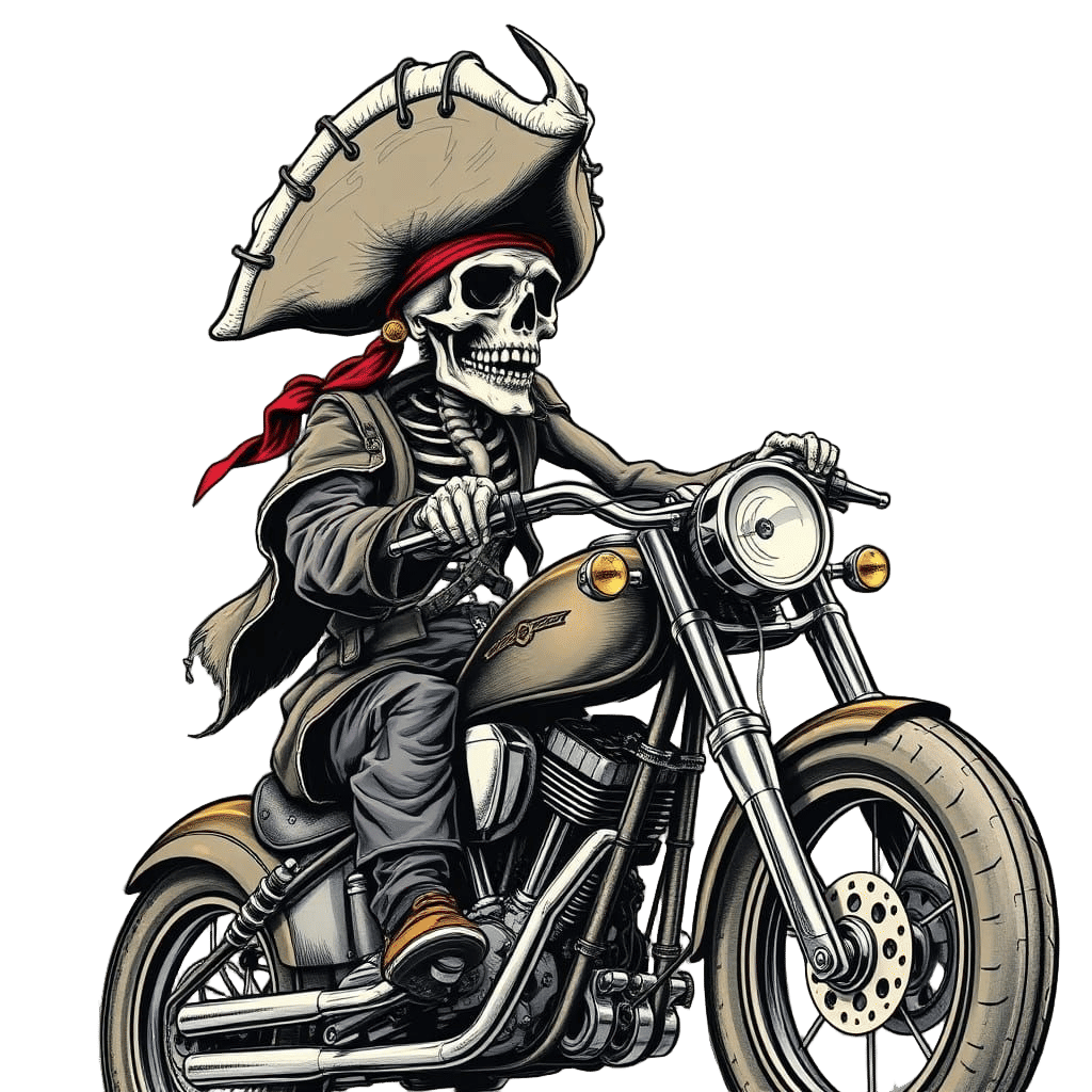 Rugged Skeleton Pirate Captain Rides Chopper Motorcycle in D...