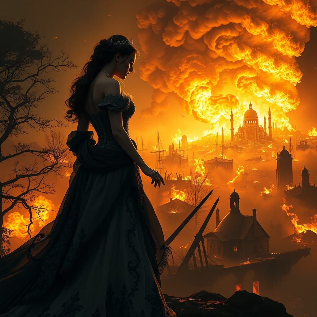 Dark Fantasy Woman in Victorian Attire Stands Amidst Chaos