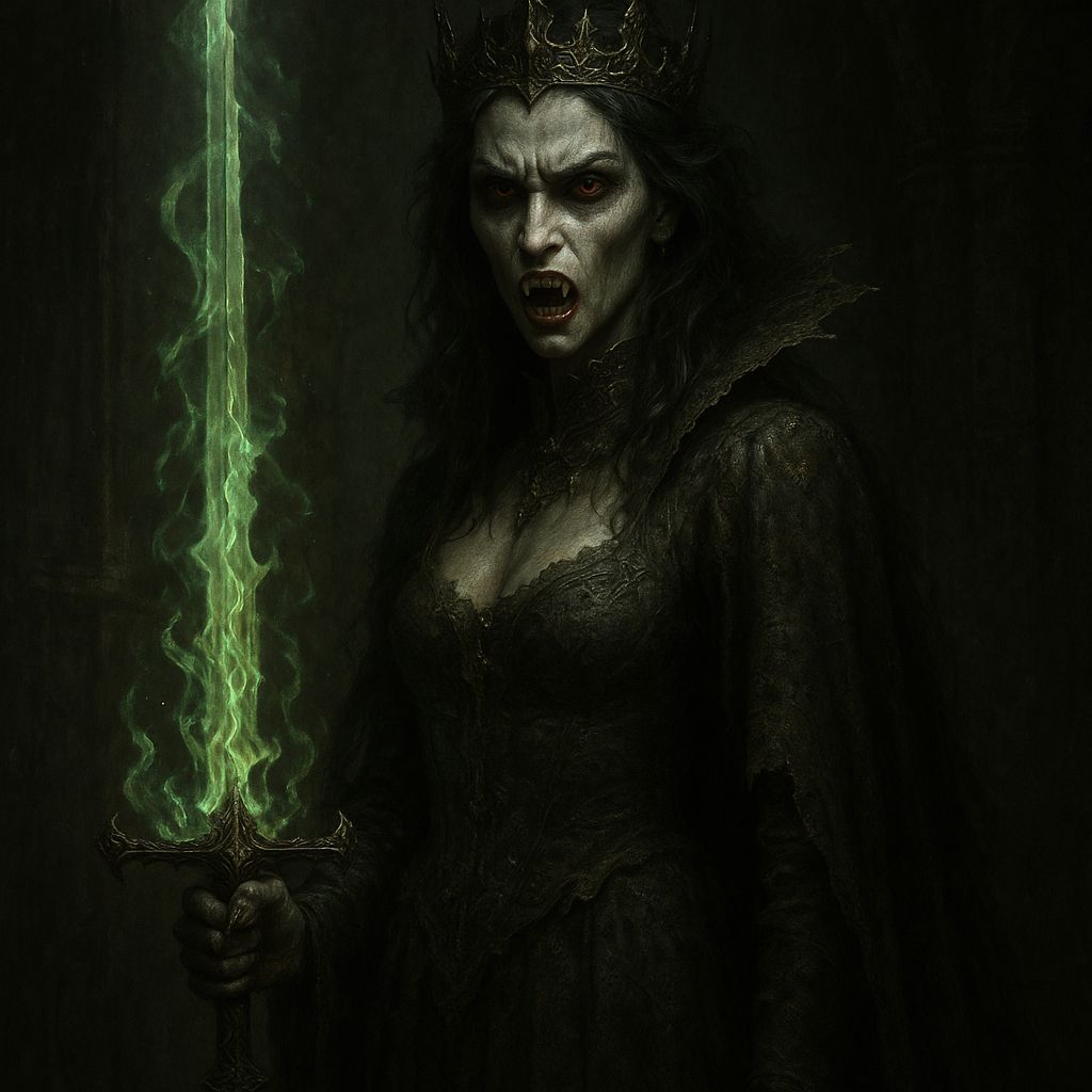 Vampire Queen with Magical Sword in Grimdark Style