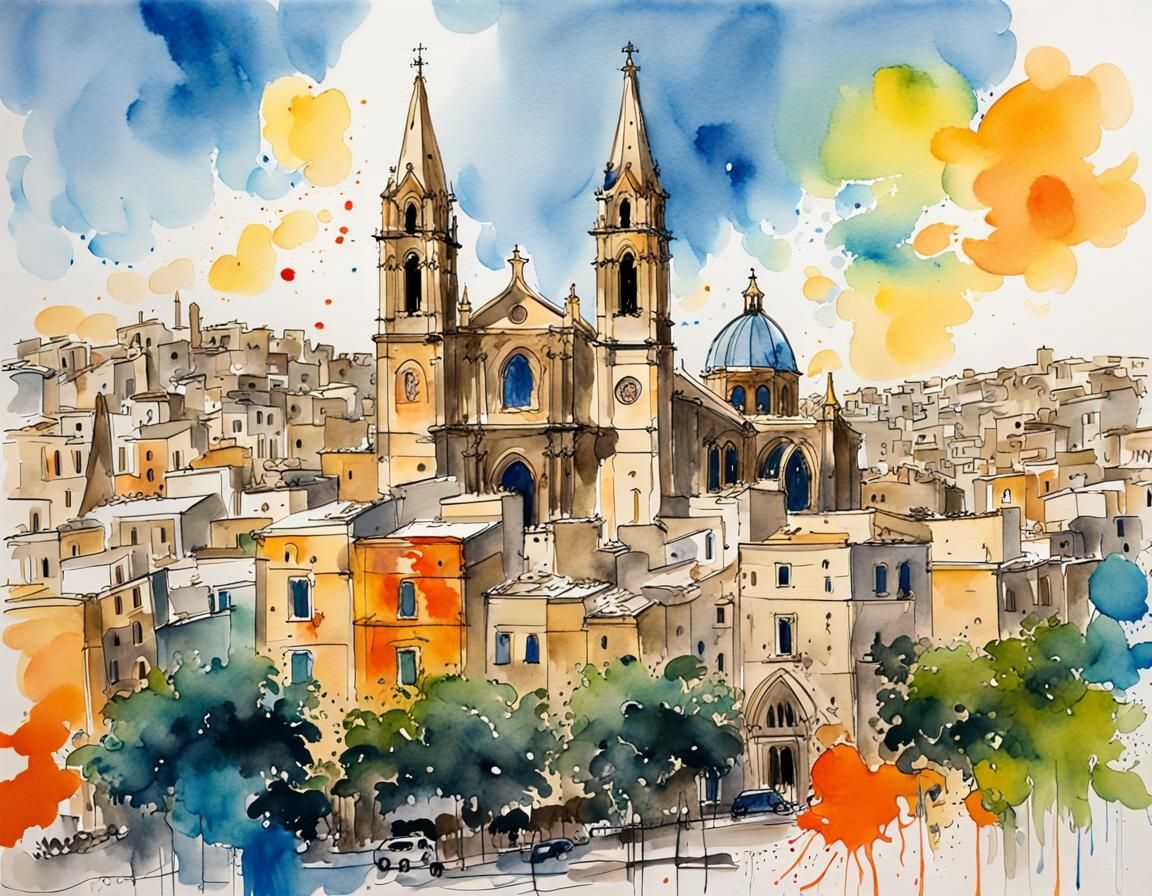 St Johns Cathedral, Valletta, in Watercolor Style