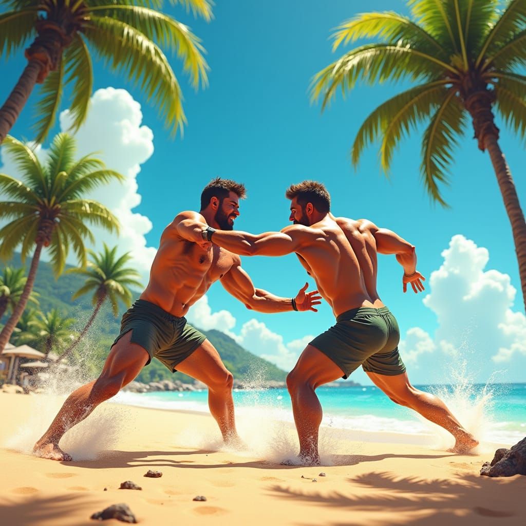 Muscular Men Wrestling on a Sun-Kissed Beach