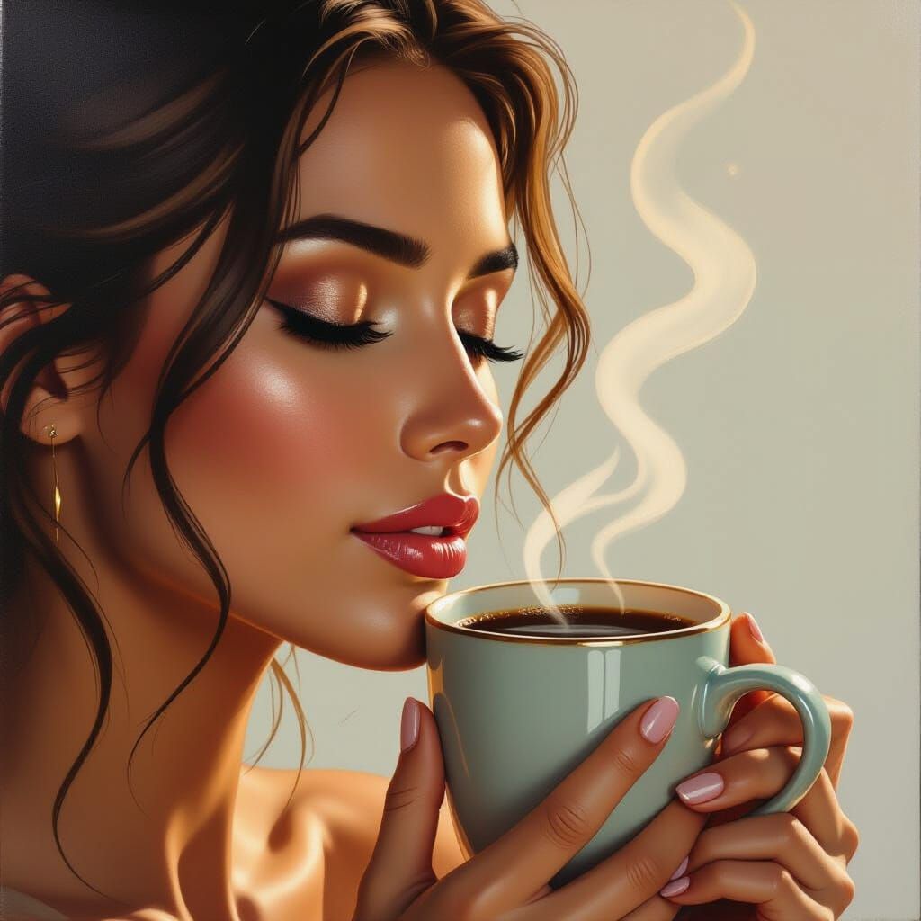 Woman Enjoys Steaming Coffee in Expressionist Style