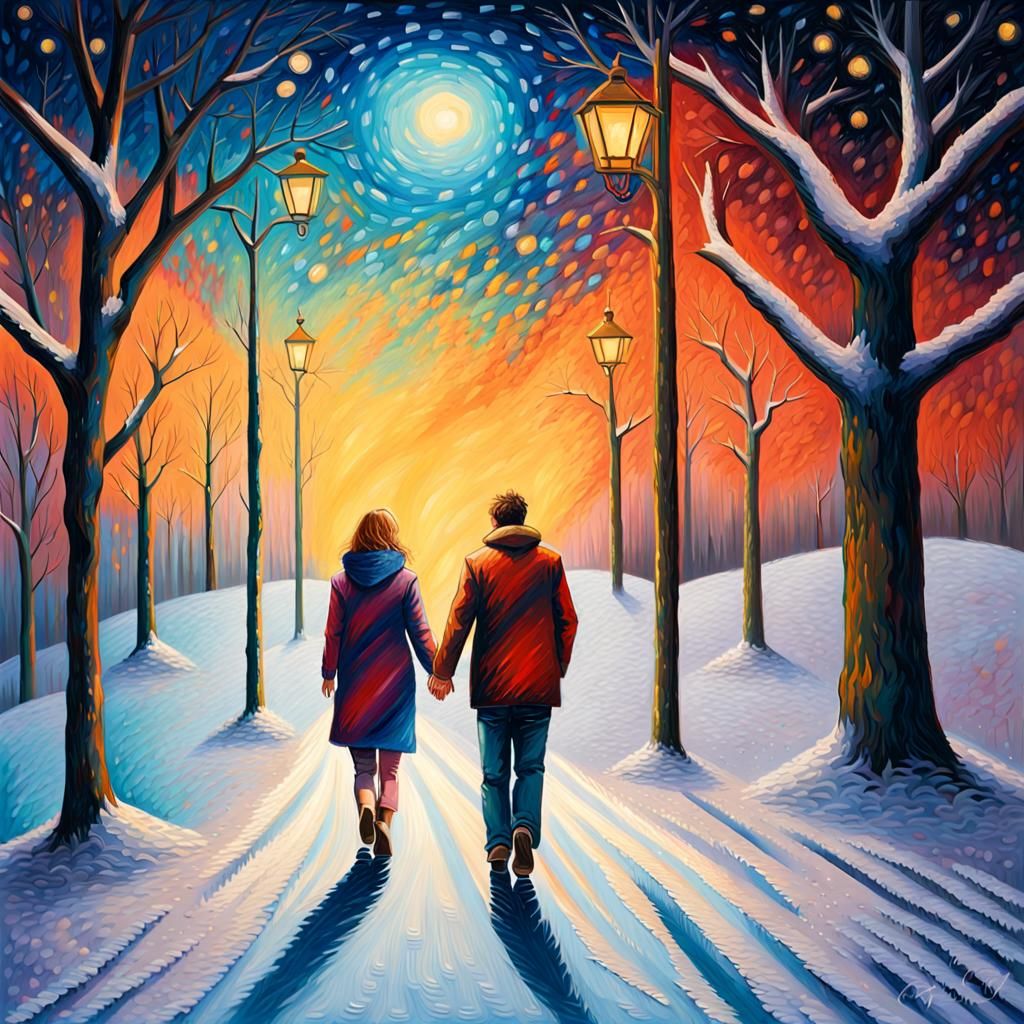 Couple in Snowy Starscape: Impressionist Oil Painting