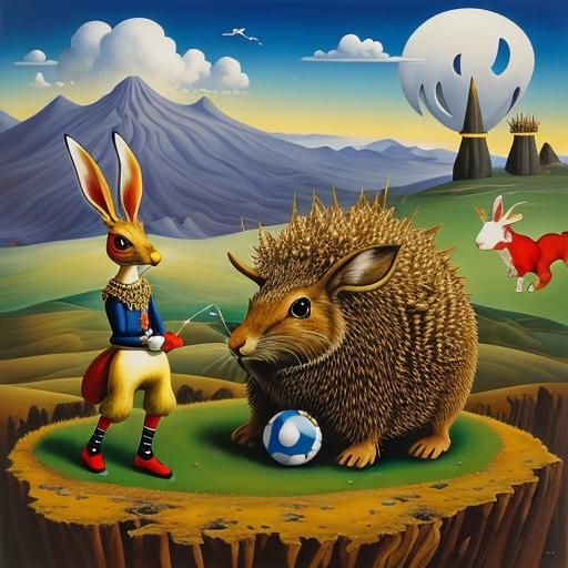 Hare and Hedgehog Race in Cartoon Surrealism Style