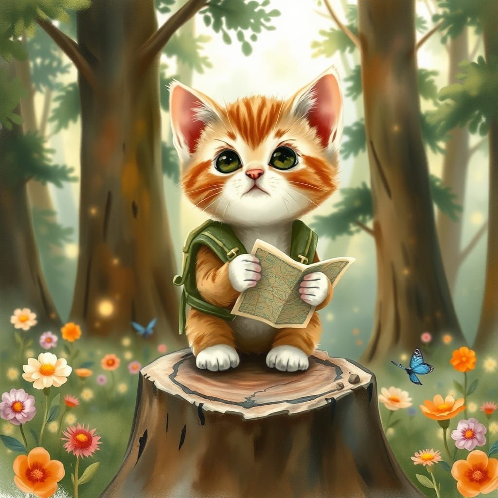 Lost Kitten in Enchanted Forest Illustration