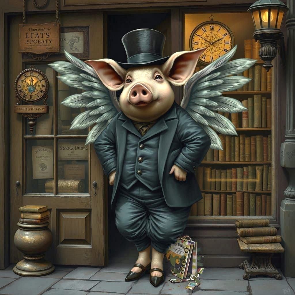Winged Pig Outside a Bookshop