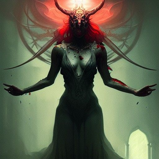 Ominous Astral Queen of Arms in Sinister Horror Style