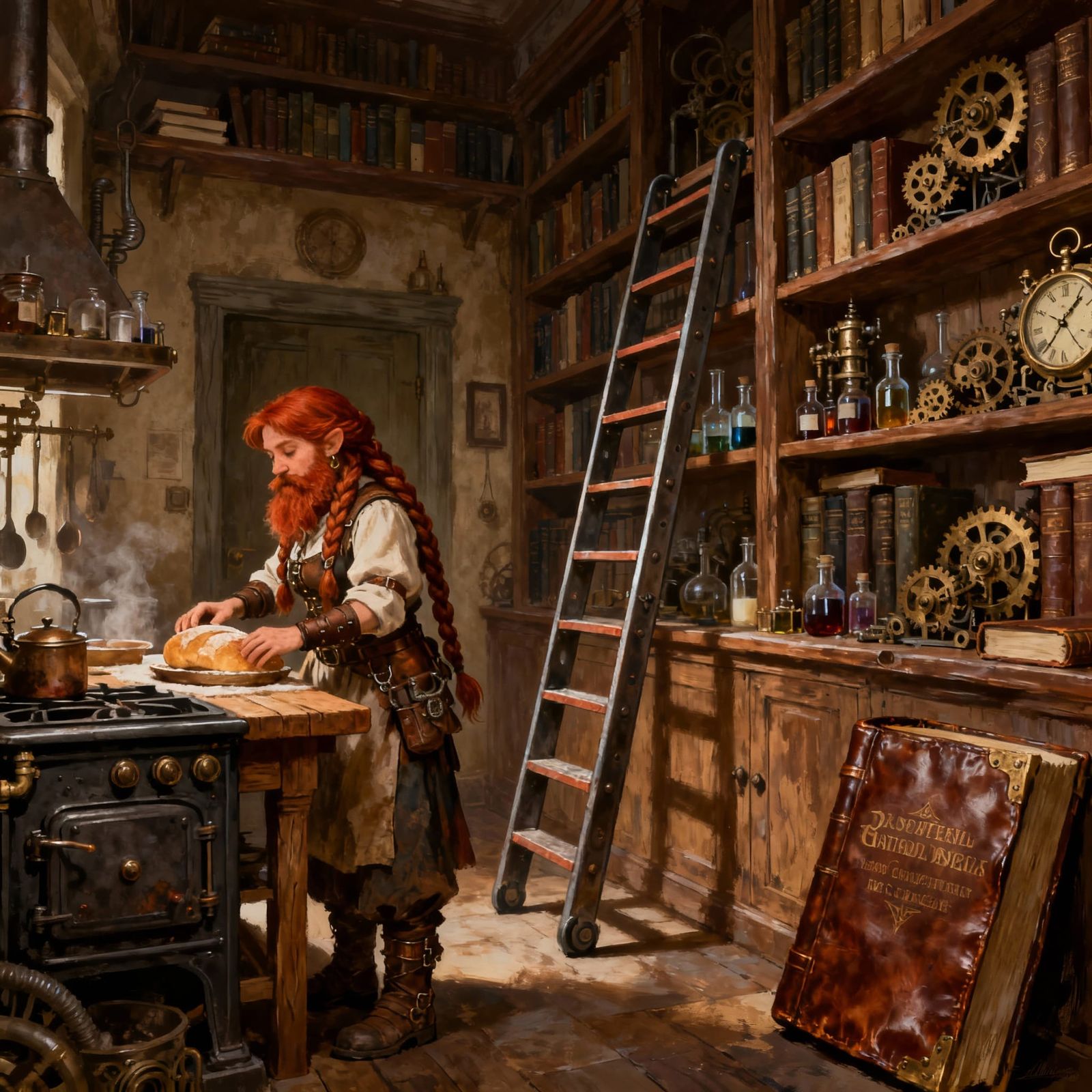 Steampunk Dwarf Baker in Victorian Library Lab
