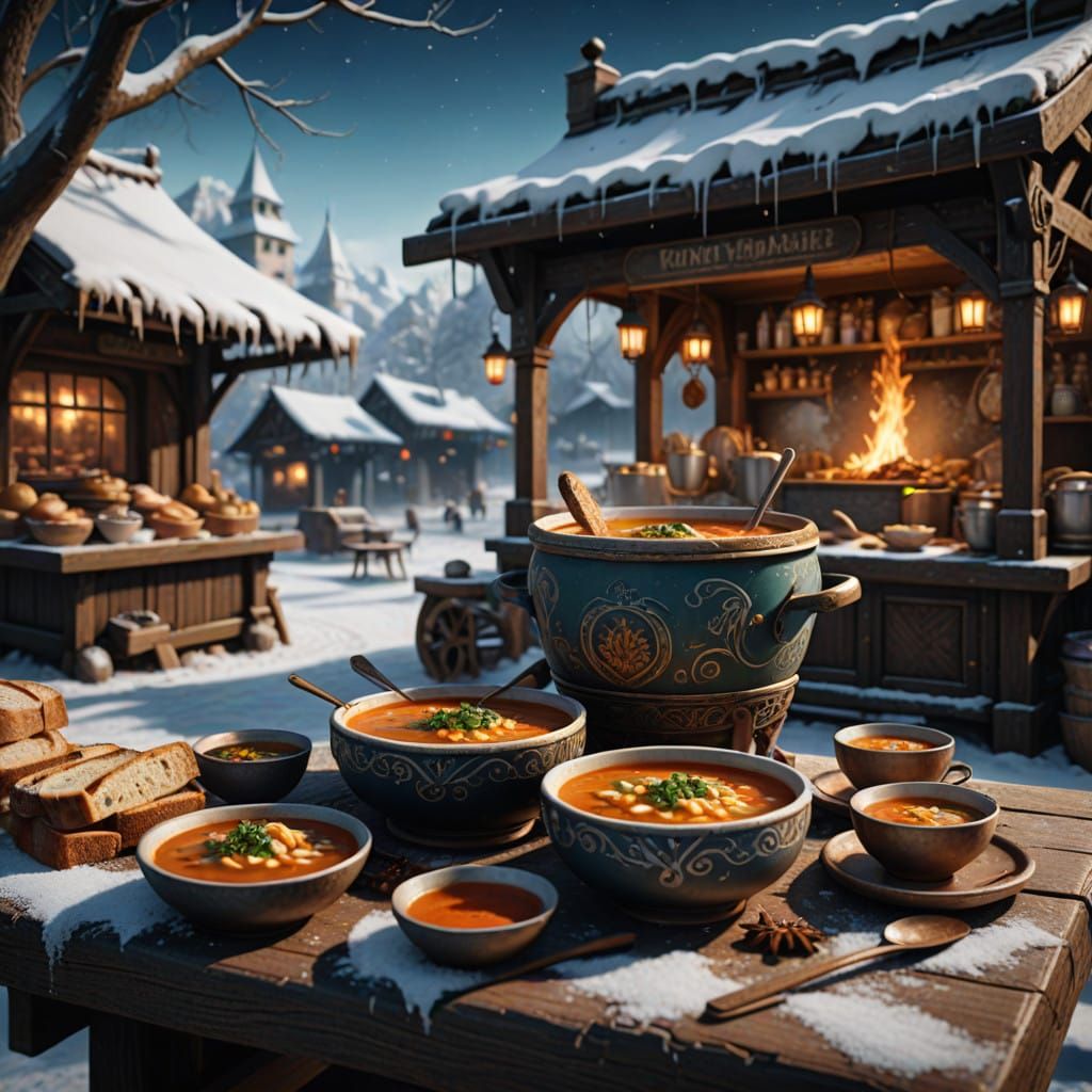 Winter Wonderland Soup Scene in Fantasy Art