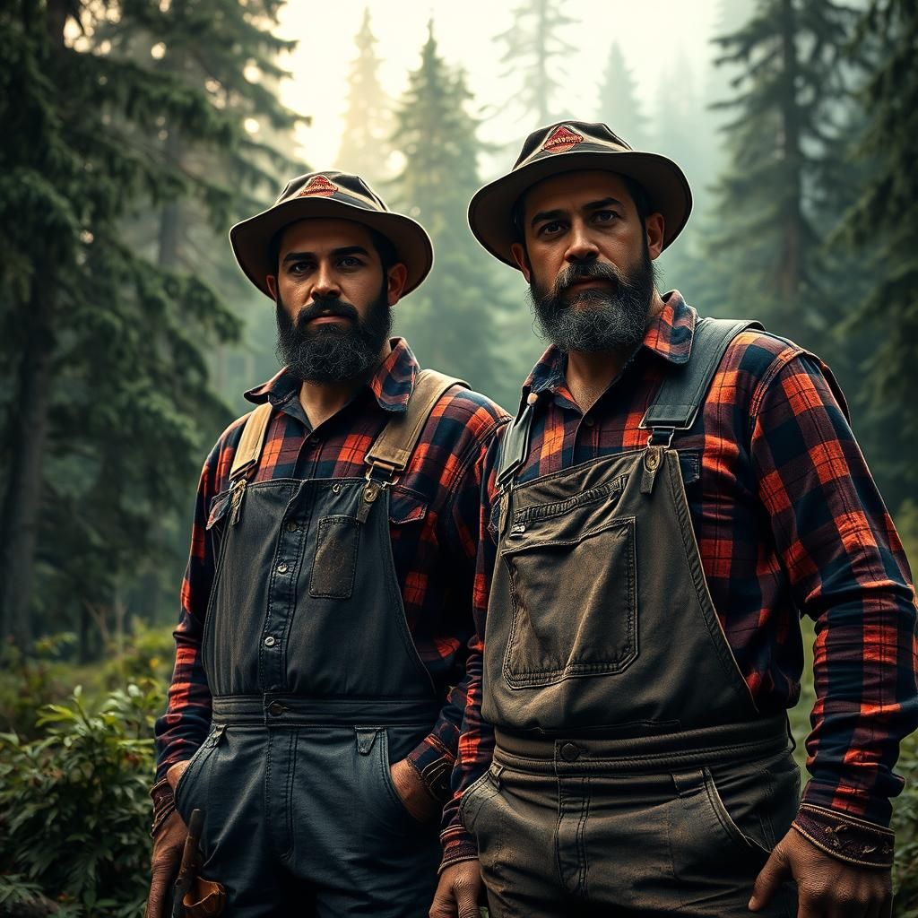 Heroic Latino Lumberjacks in Misty Forest, Digital Art