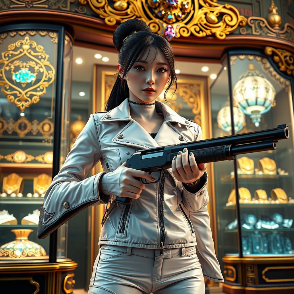 Glamorous Chinese Assassin in White Leather, Beside Glitteri...