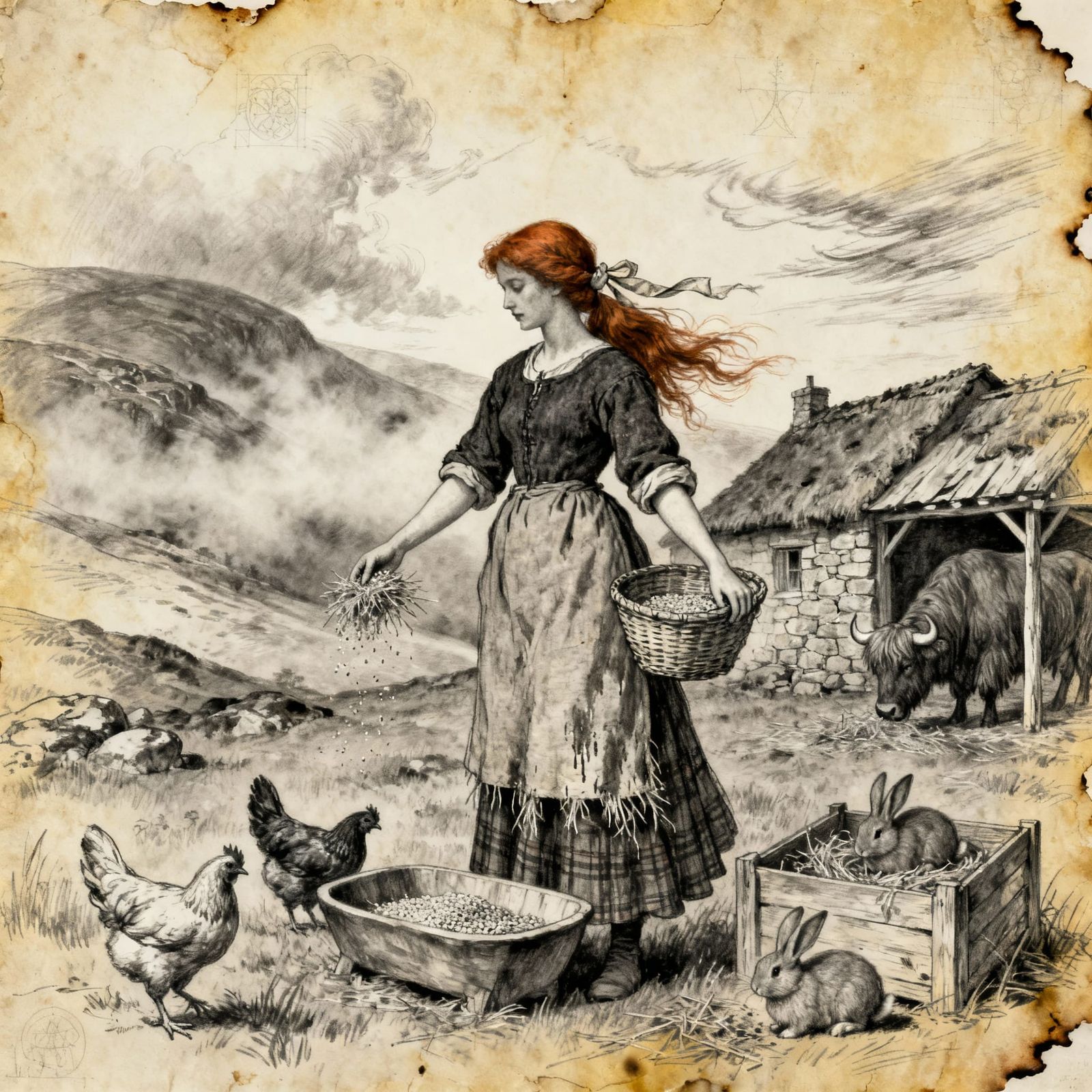 Highland Woman Feeding Livestock in Misty Scotland