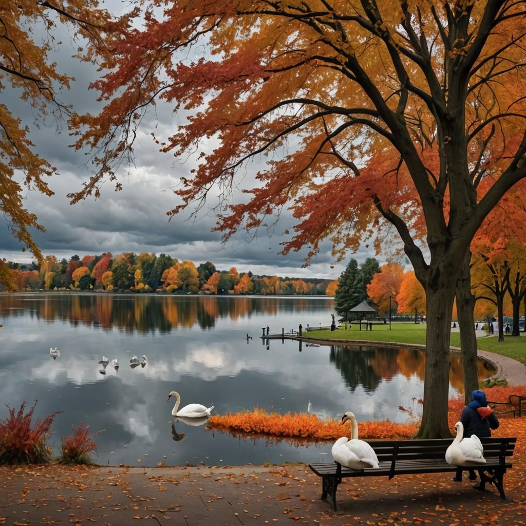 Autumn Lake Landscape with Swan and Park Bench