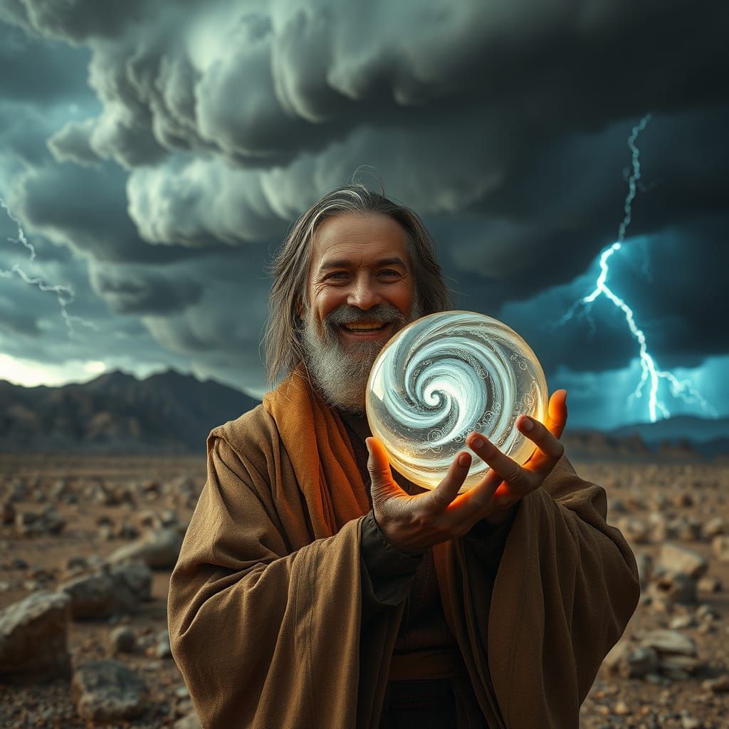 Weathered Sage Cradles Glowing Orb Amidst Turbulent Storm