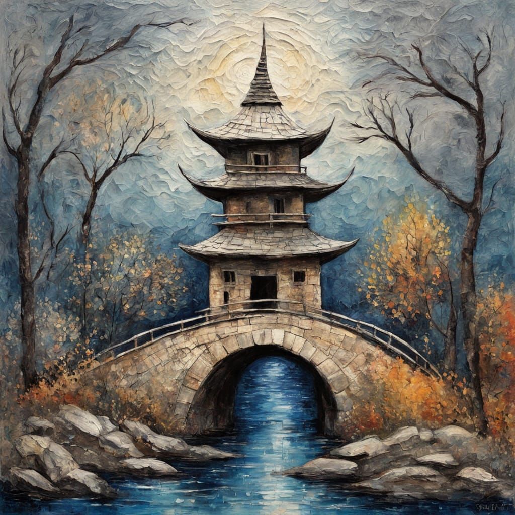 Primitive Temple by Bridge in Greyscale with Amber and Indig...