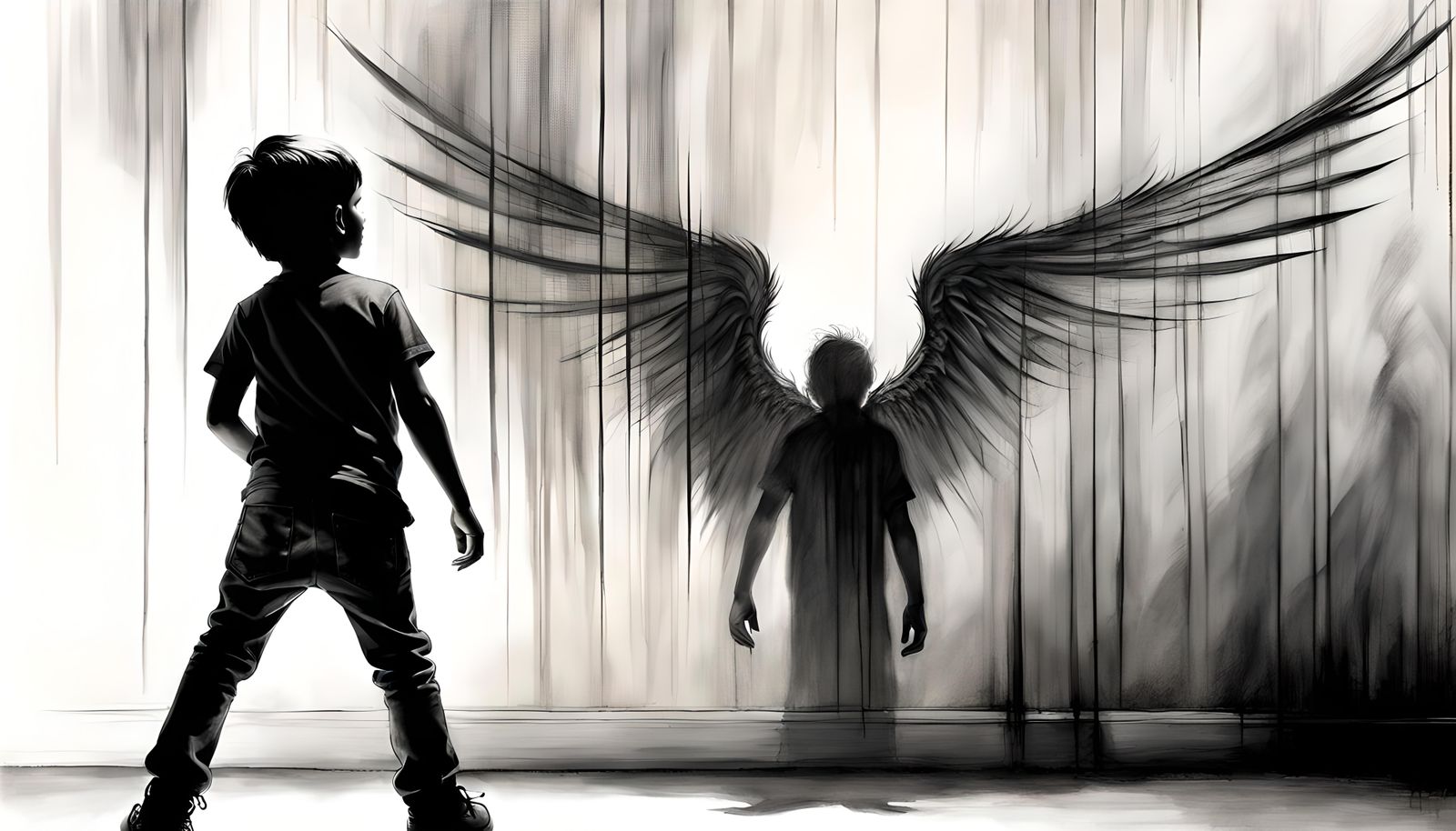 Boy Watches Angel Shadow in Dark Fantasy Drawing