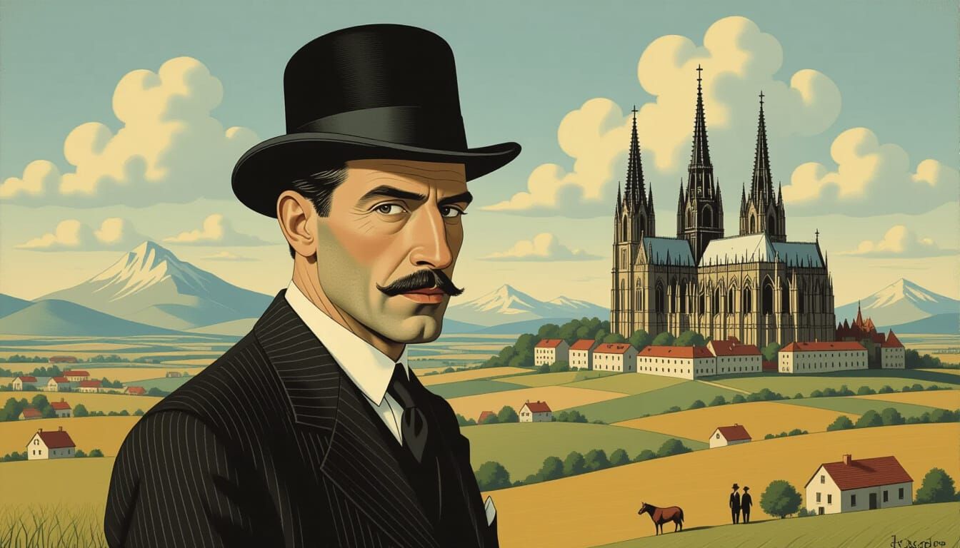 Jacques Brel in Surreal Landscape with Cathedral Mountains