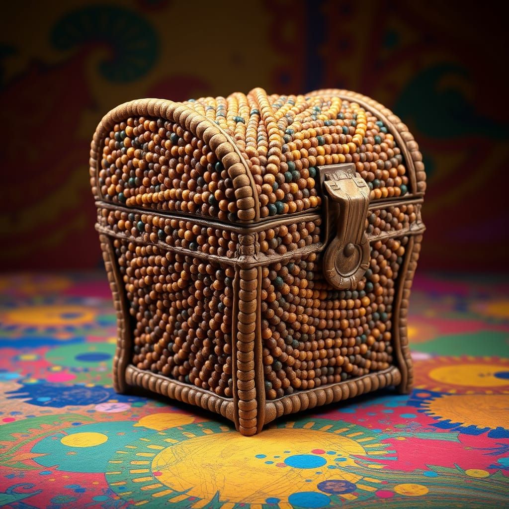 Intricate Wooden Bead Treasure Chest in Splash Art Style