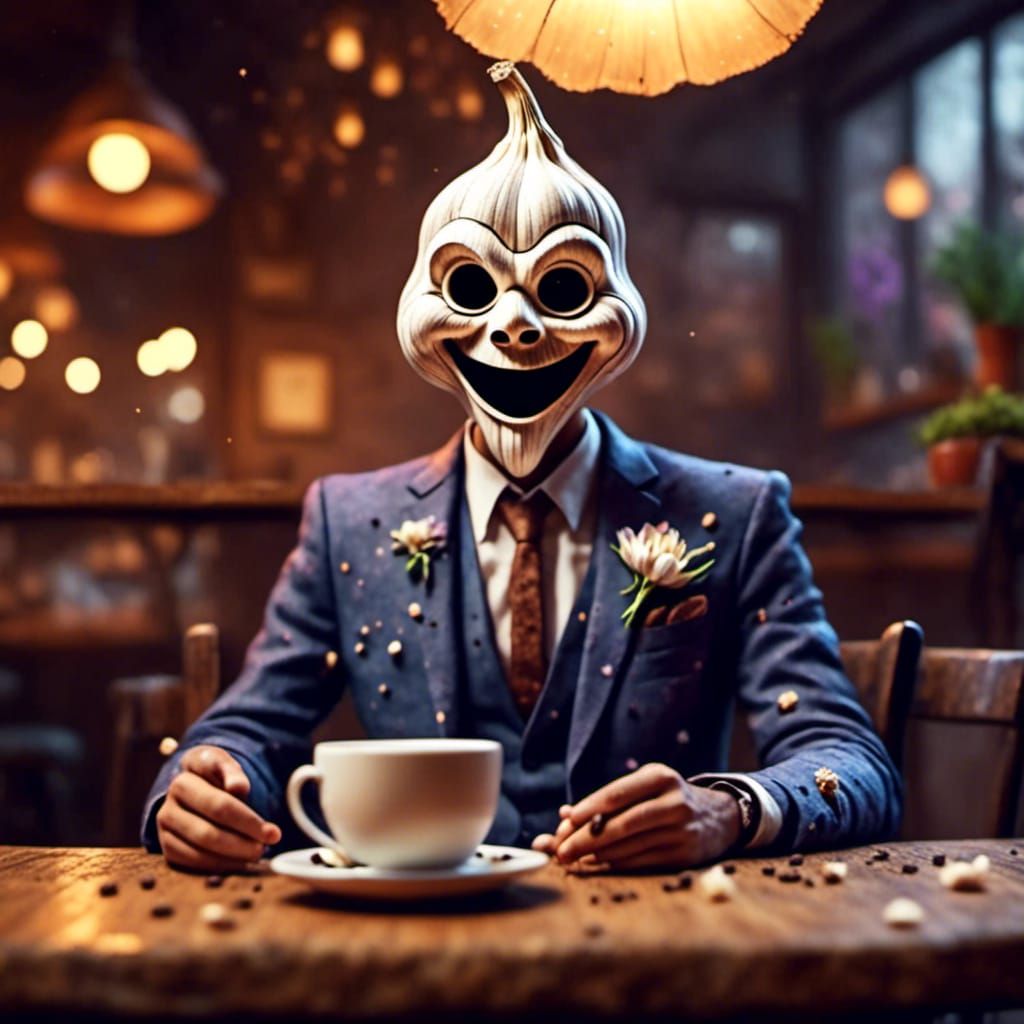 <lora:Garlic:1.0> happy Garlic man wearing suit, sitting in coffeeshop